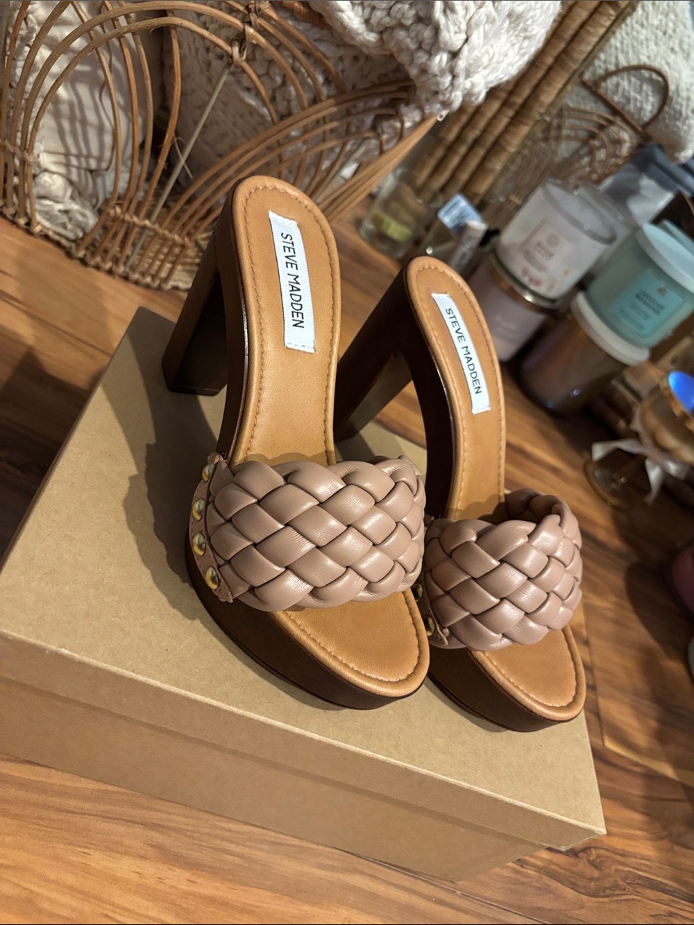 Steve Madden Taupe Braided Block Heel Slides